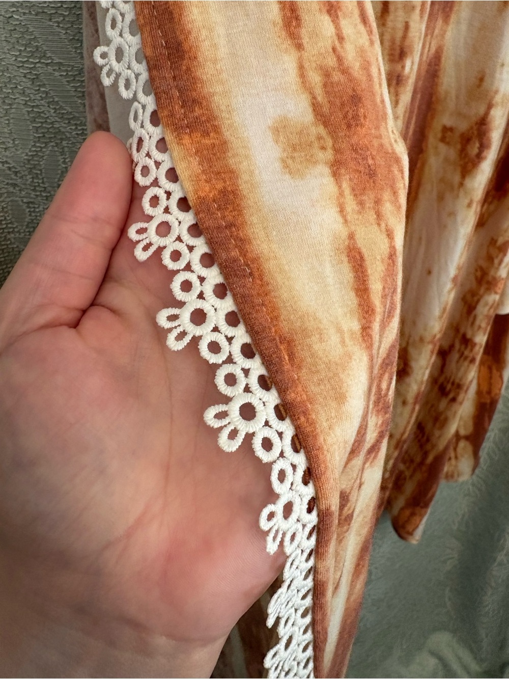 Cato Rust and Cream Tie-Dye Crochet Trim Boho Kimono - Picture 4 of 4